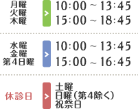 月火木 10：00～13：45、15：00～18：45 / 水・金・第4日曜 10：00～13：45、15：00～16：45 / 休診日：土・日（第4除く）・祝祭日